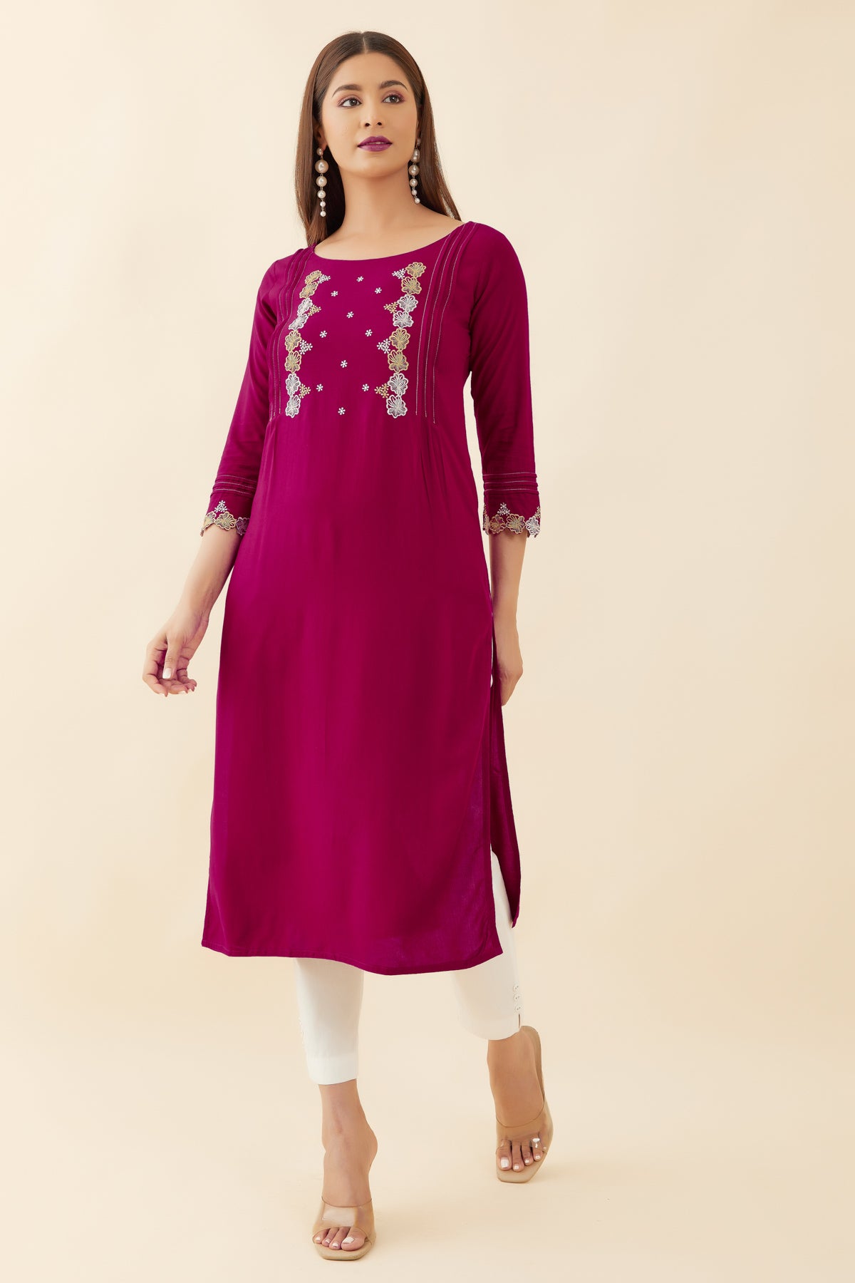 Floral Embroidered With Pin Tuck Yoke Kurta - Pink