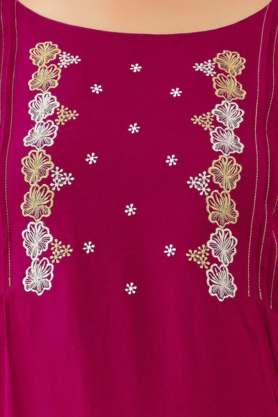 Floral Embroidered With Pin Tuck Yoke Kurta - Pink
