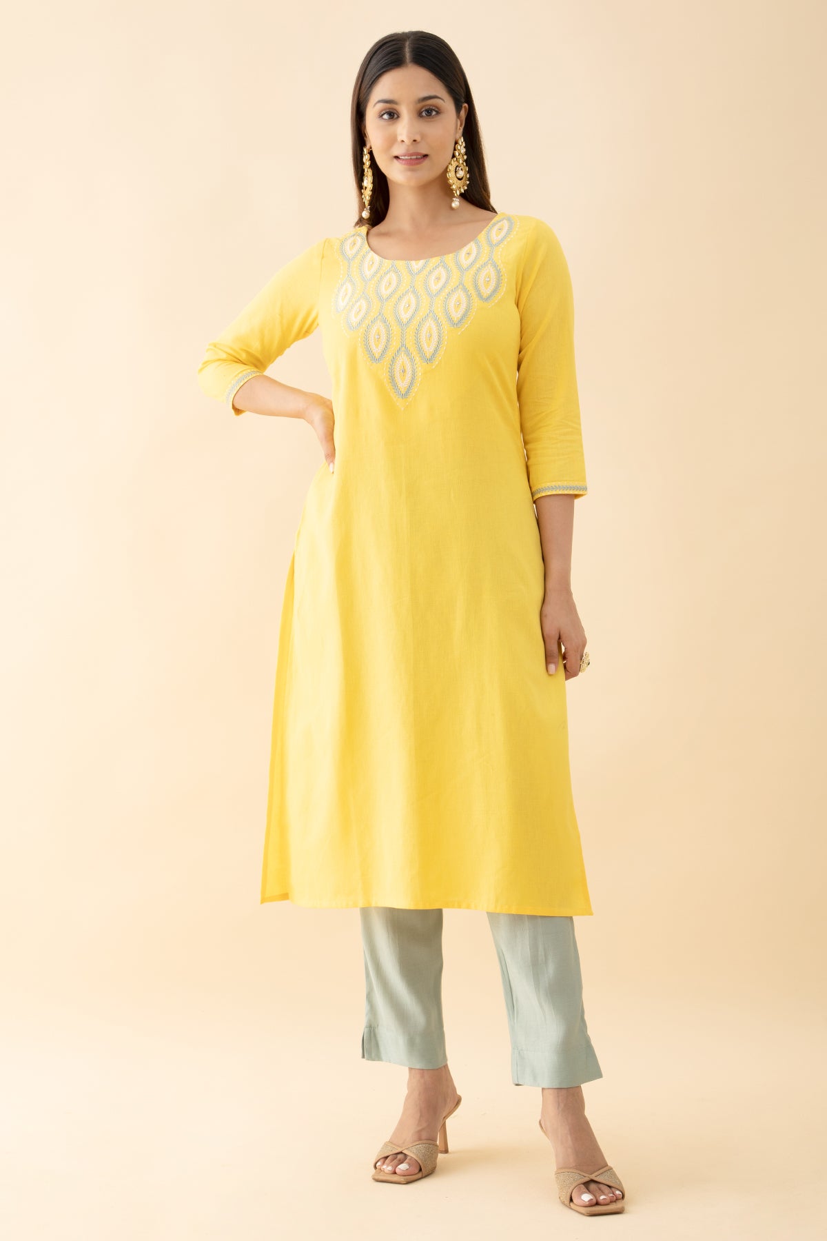 Jewel Inspired Floral Embroidered Kurta - Yellow