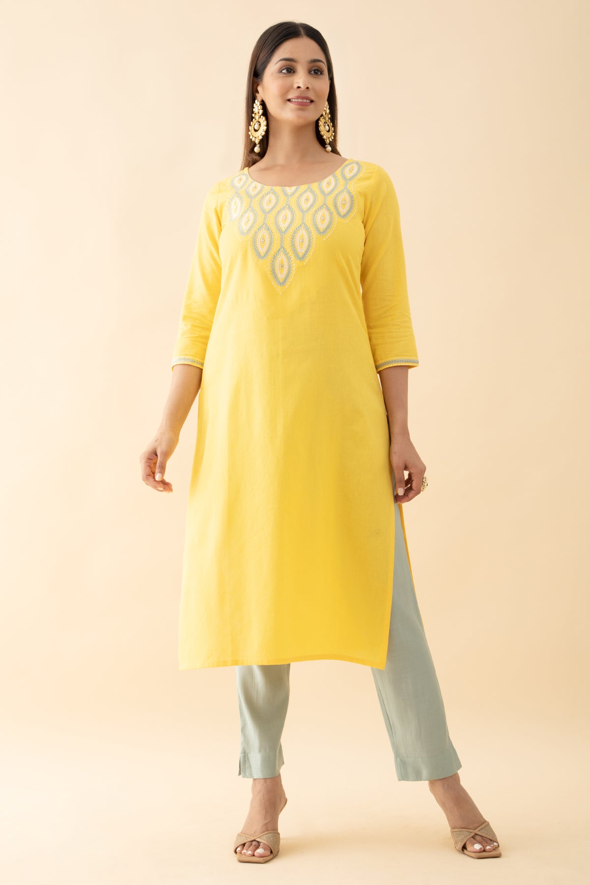 Jewel Inspired Floral Embroidered Kurta - Yellow