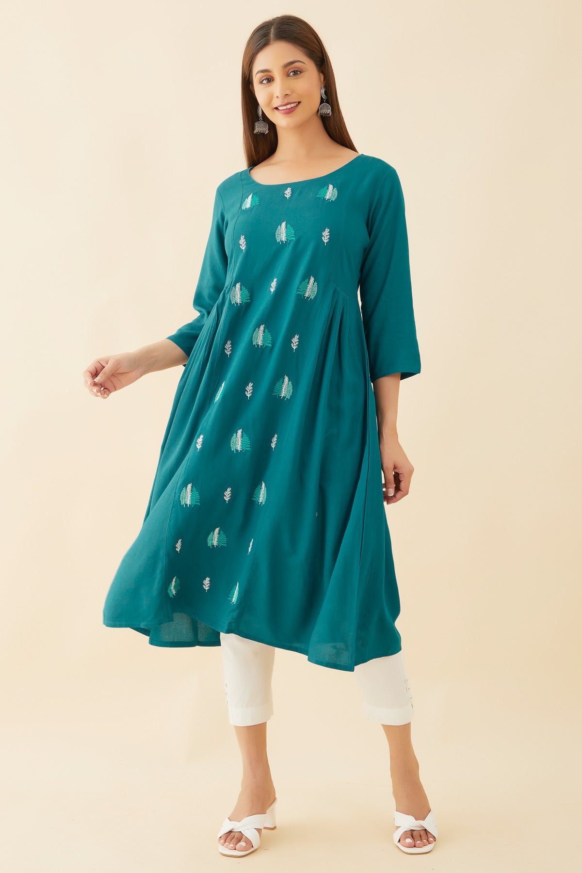 All Over Leave Motif Embroidered A-Line Kurta - Blue