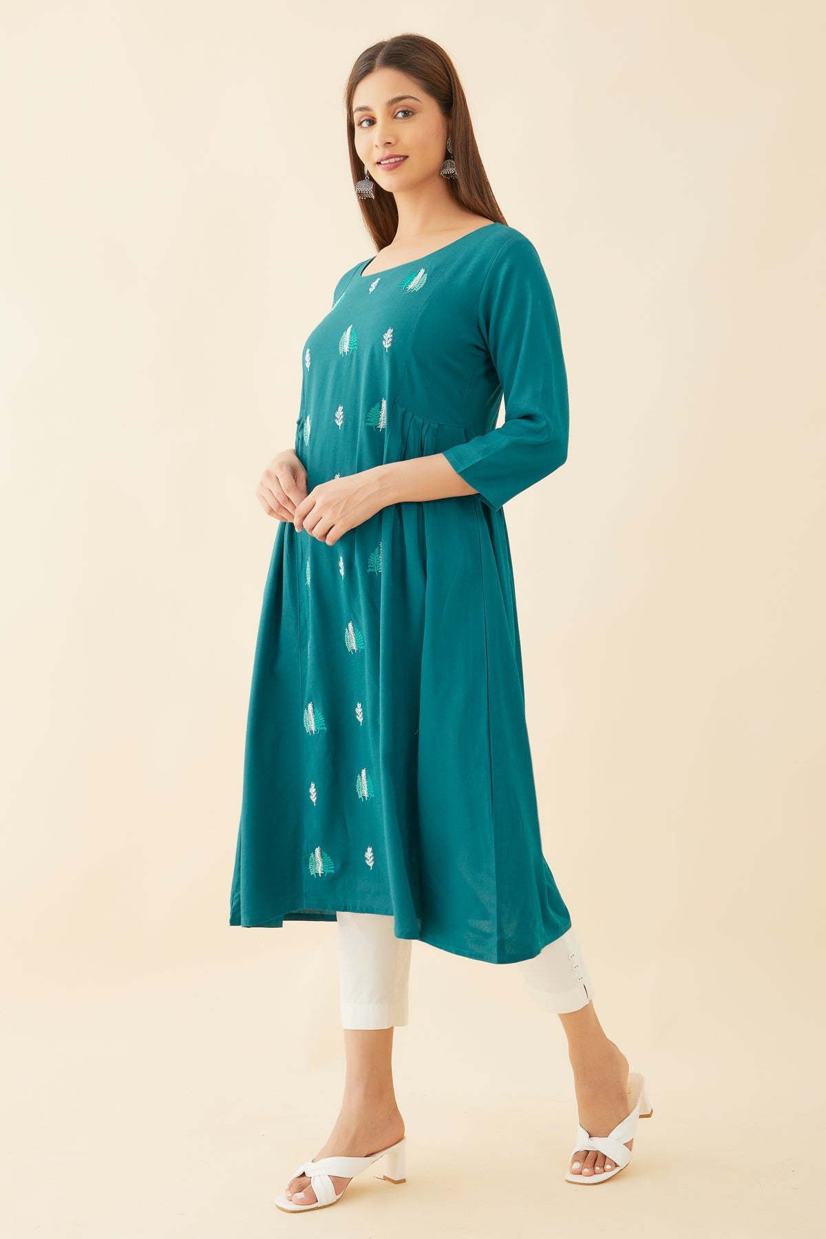All Over Leave Motif Embroidered A-Line Kurta - Blue