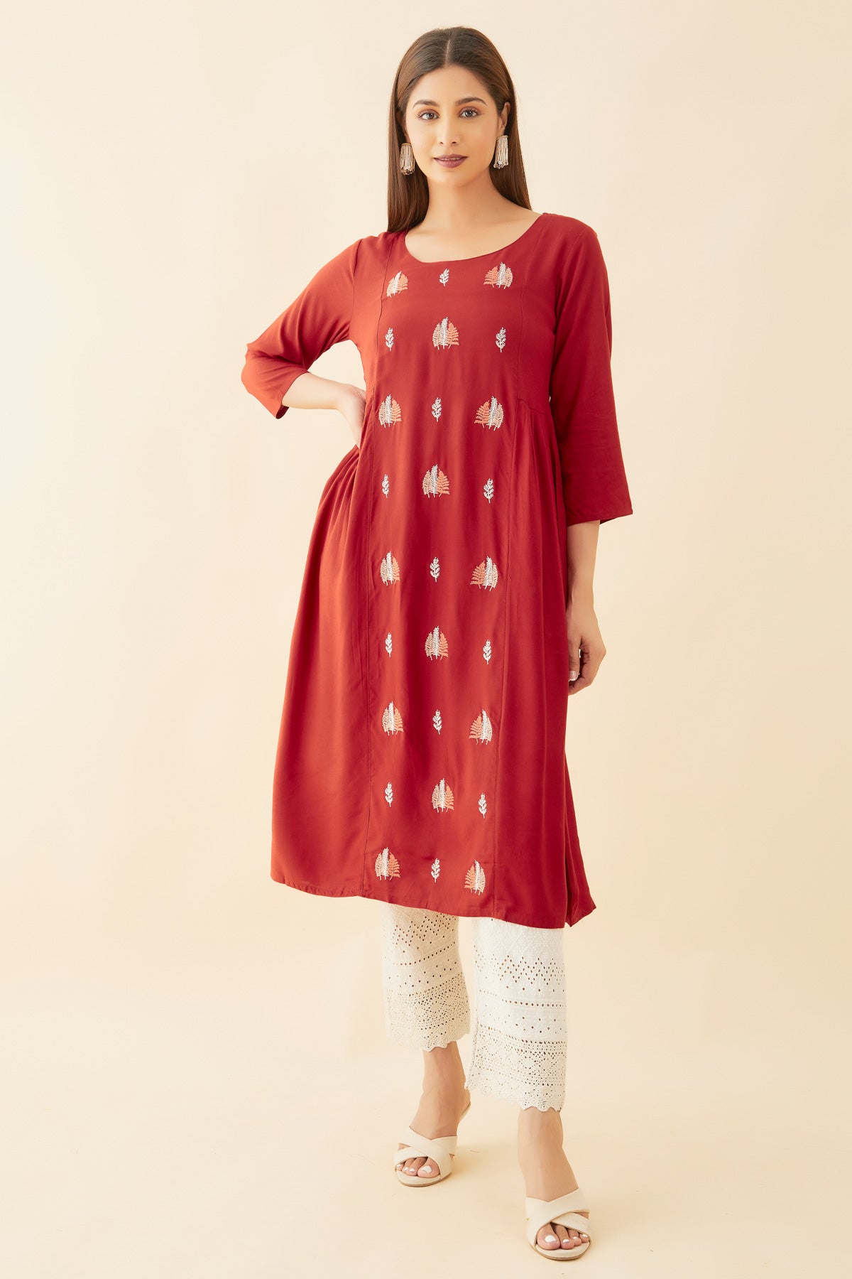 All Over Leave Motif Embroidered A Line Kurta Rust