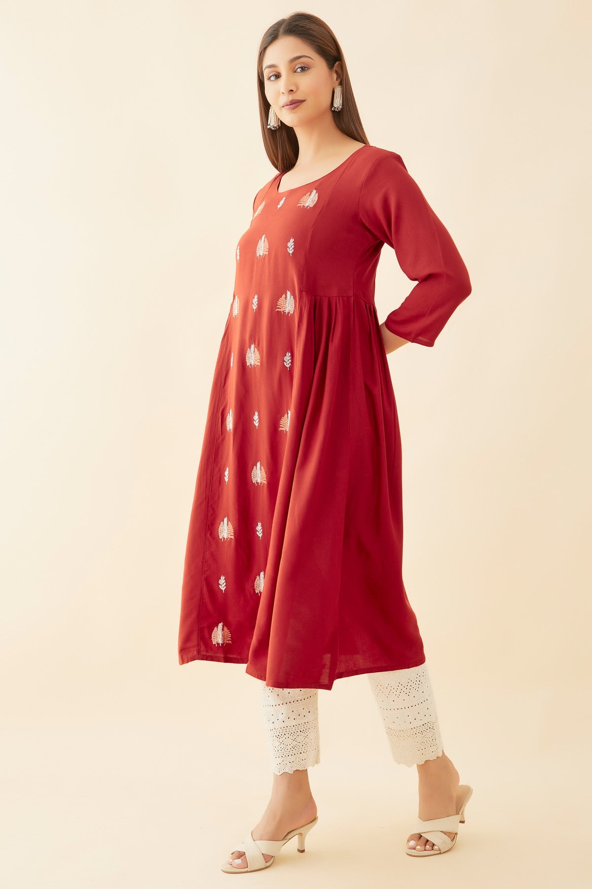 All Over Leave Motif Embroidered A-Line Kurta - Rust