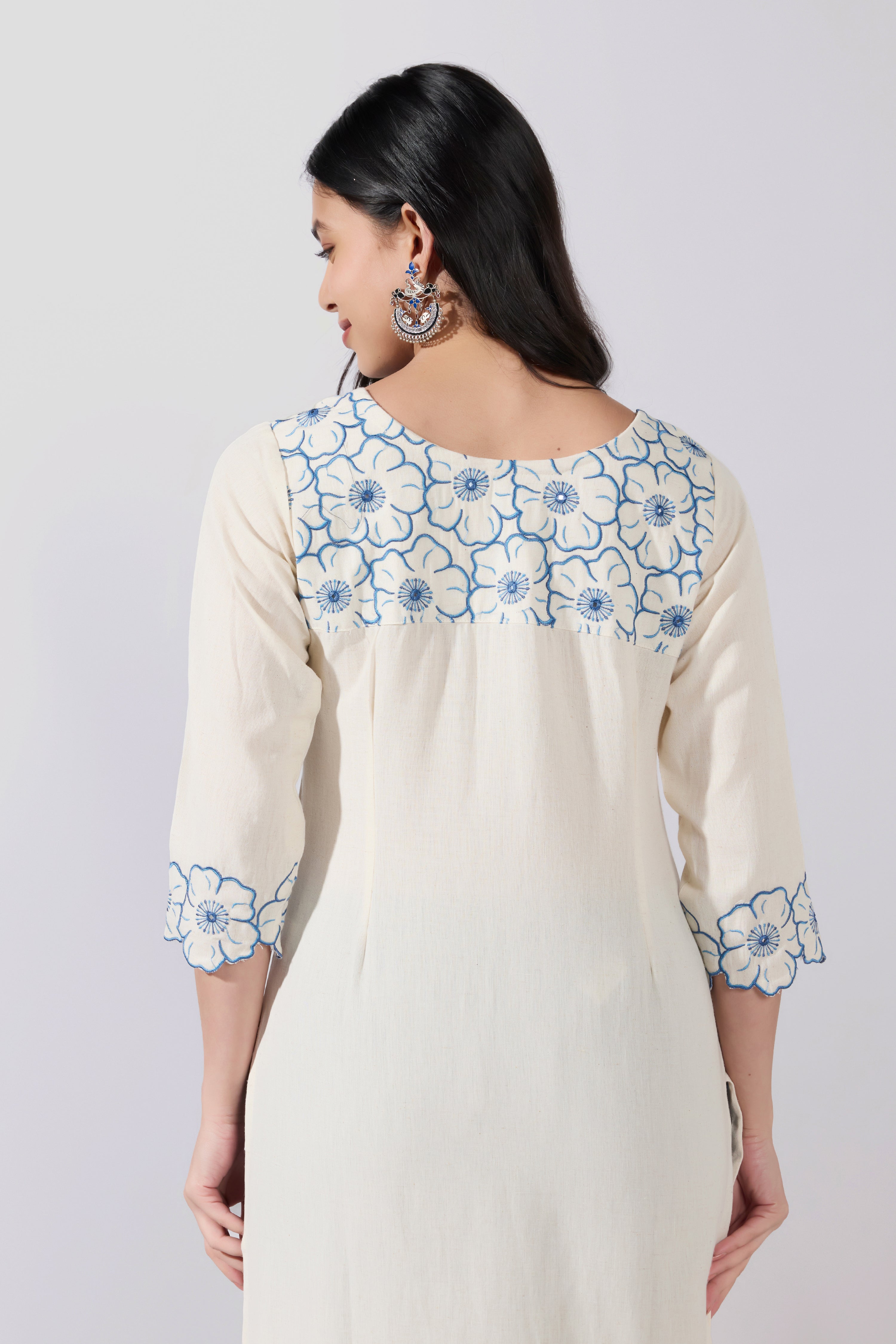 Floral Embroidered Cotton Blue Kurta with Floral Hemline