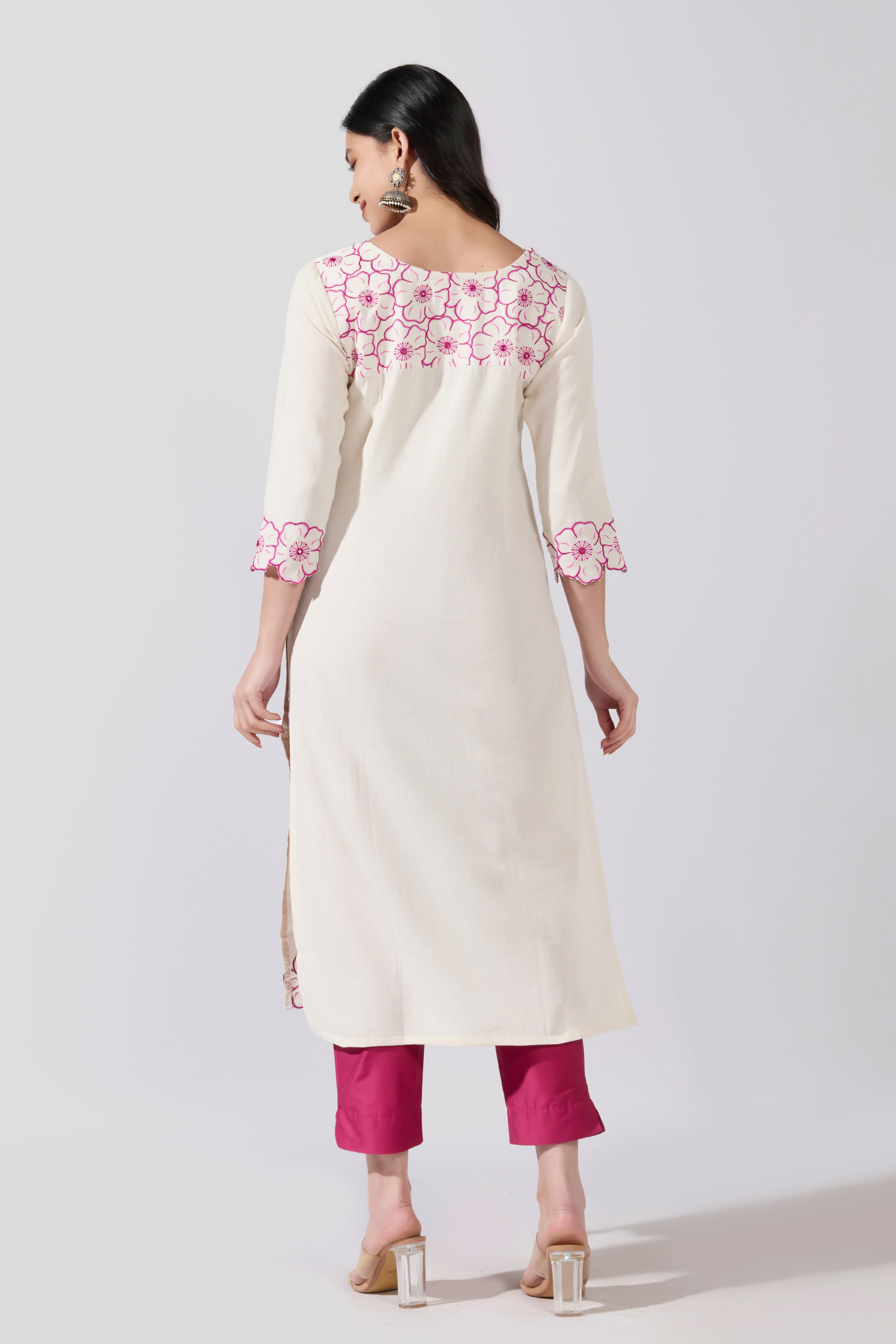 Floral Embroidered Cotton Pink Kurta with Floral Hemline