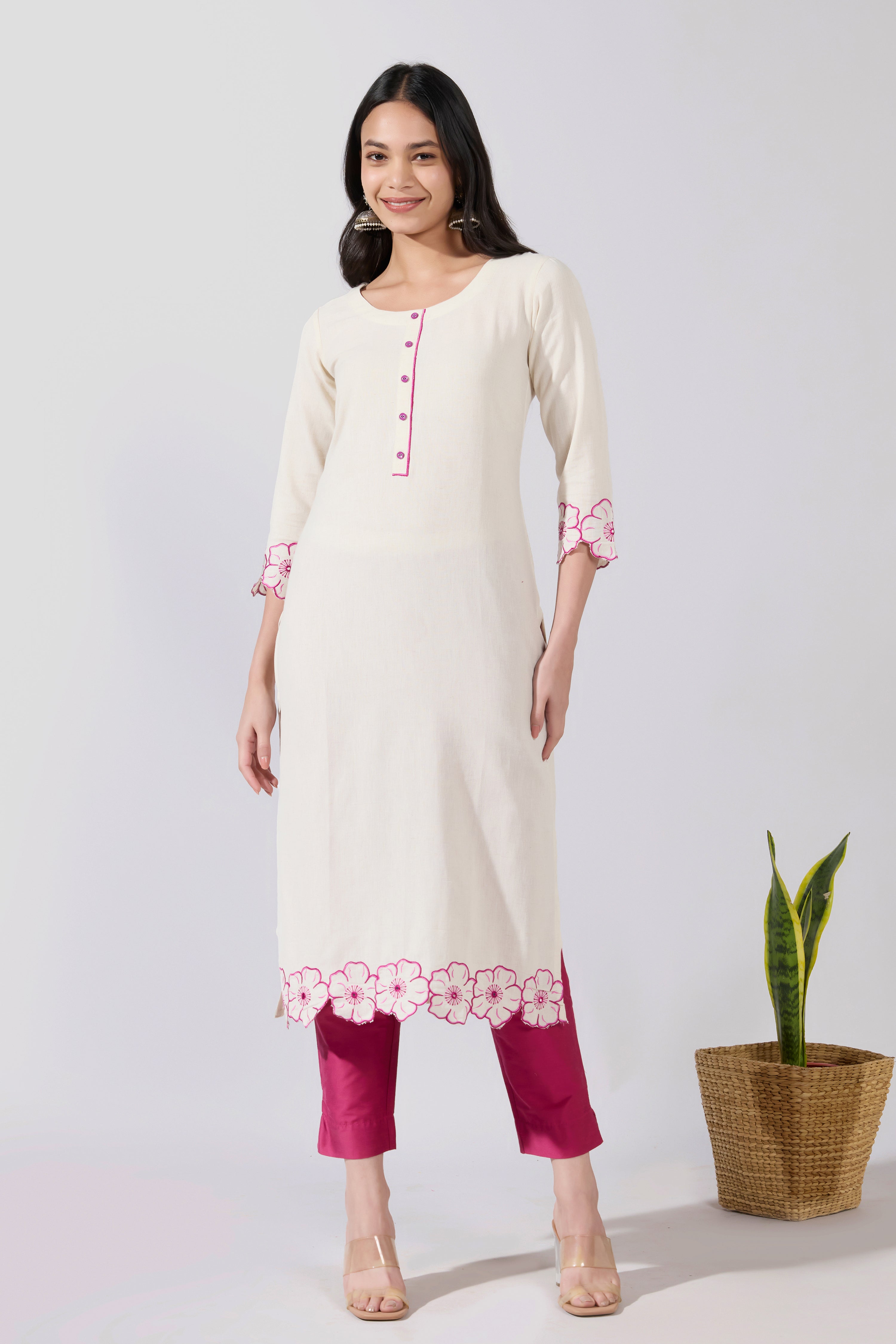 Floral Embroidered Cotton Pink Kurta with Floral Hemline