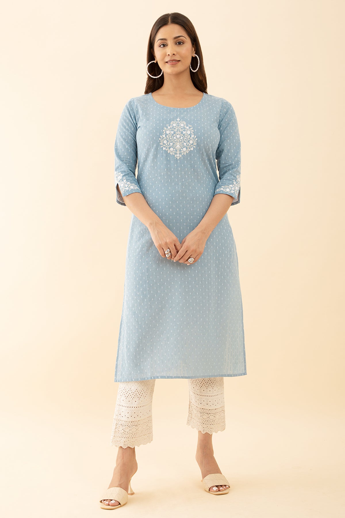 Dobby Blue Floral Kurta Embroidered Round Neck