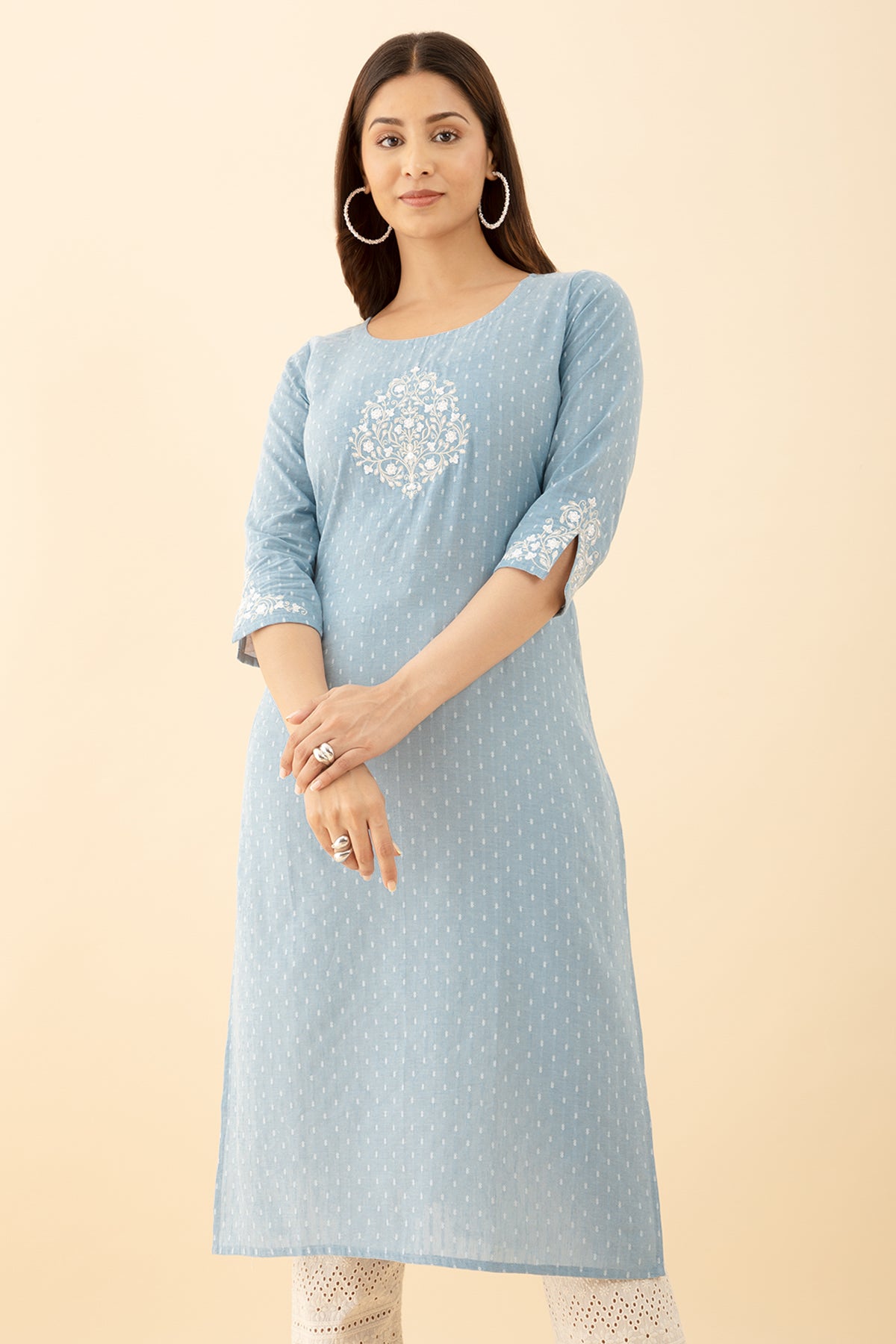 Dobby Blue Floral Kurta Embroidered Round Neck