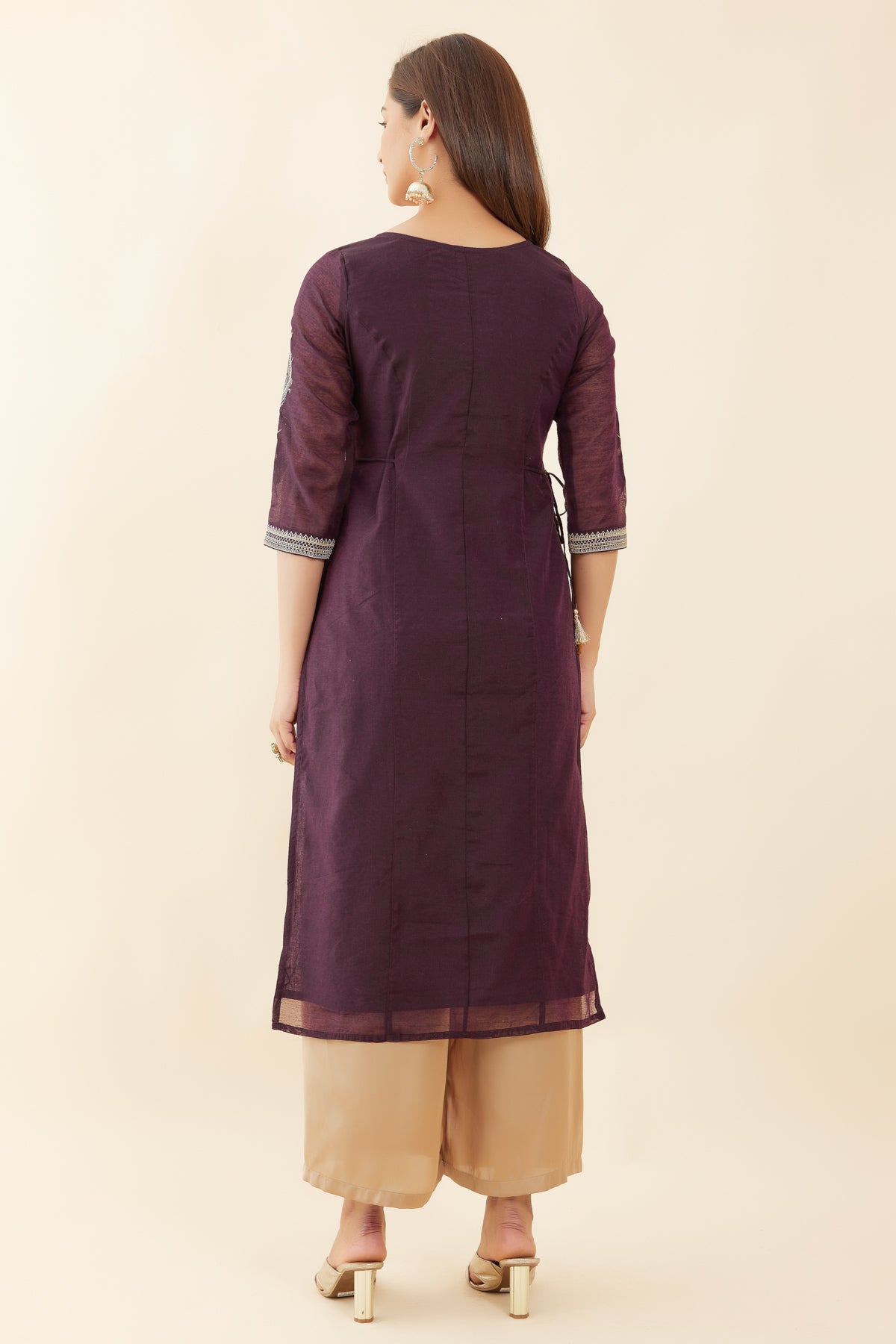 Peacock Feather Placement Embroidered Kurta - Purple