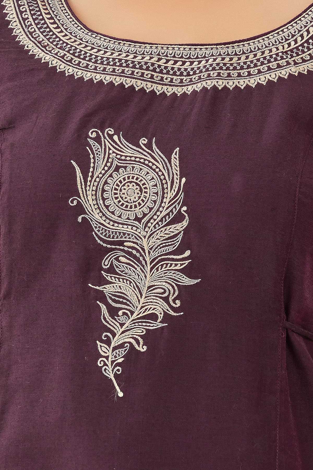 Peacock Feather Placement Embroidered Kurta - Purple