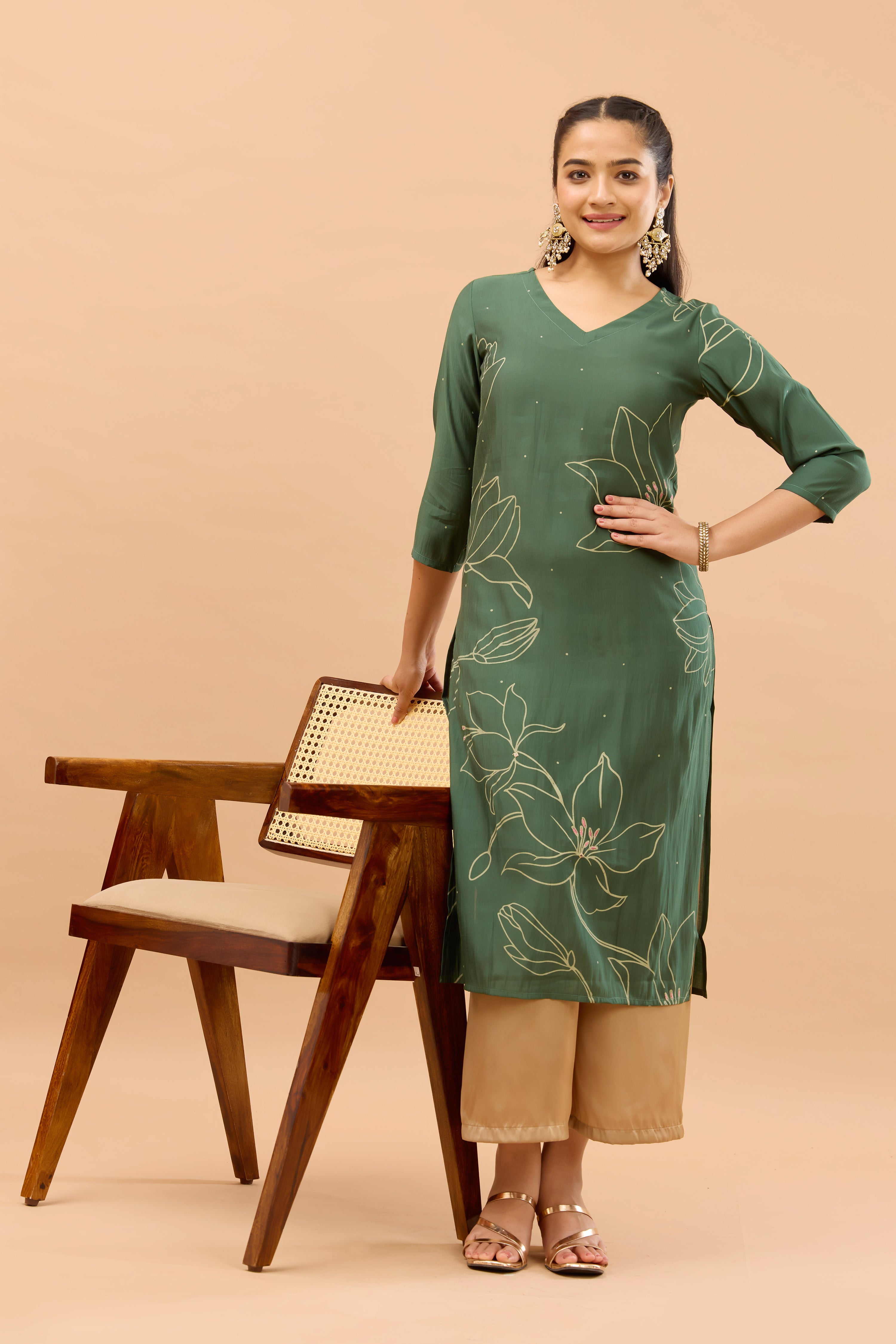 Floral Line Printed Green Monochrome Kurta