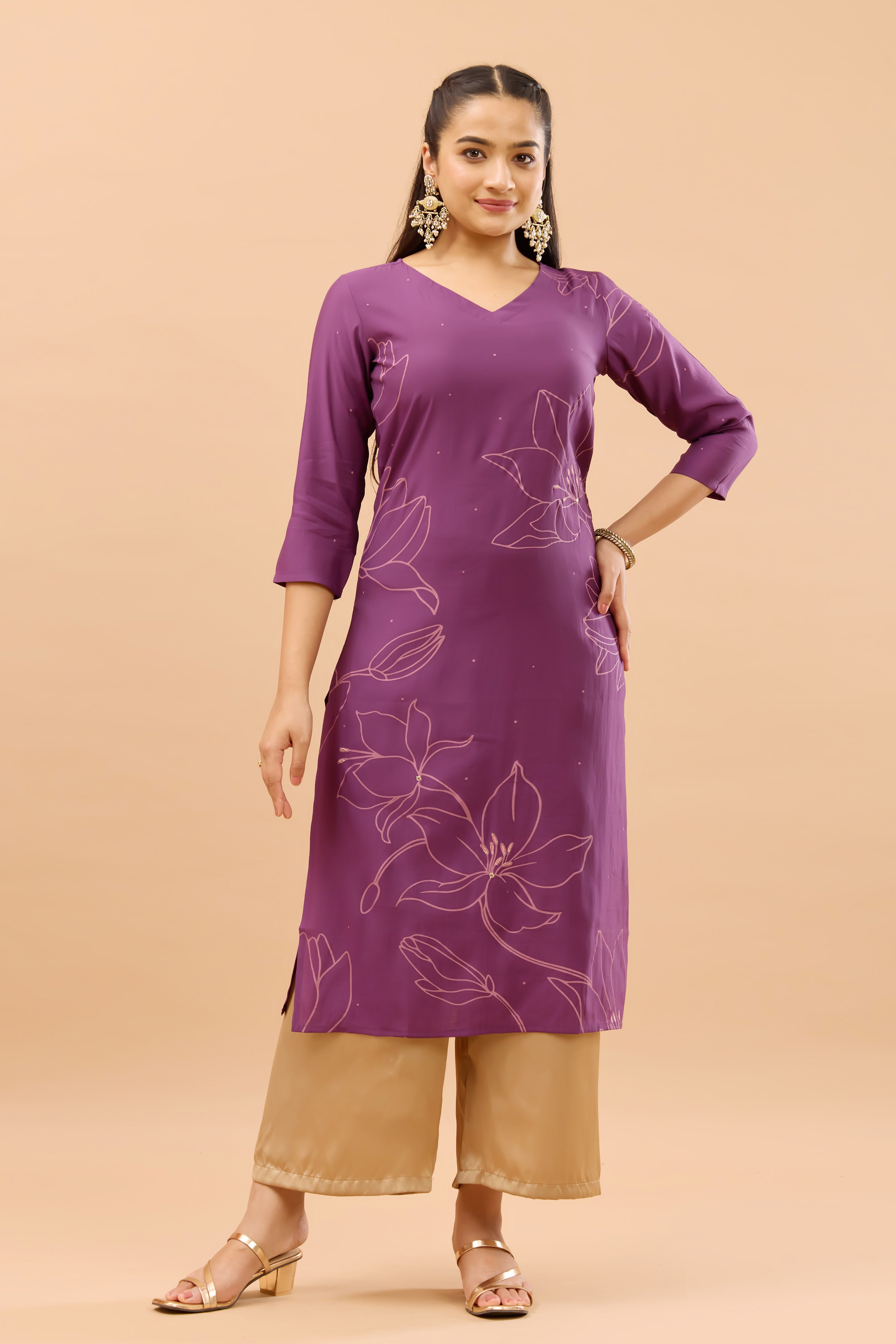 Floral Line Printed Purple Monochrome Kurta