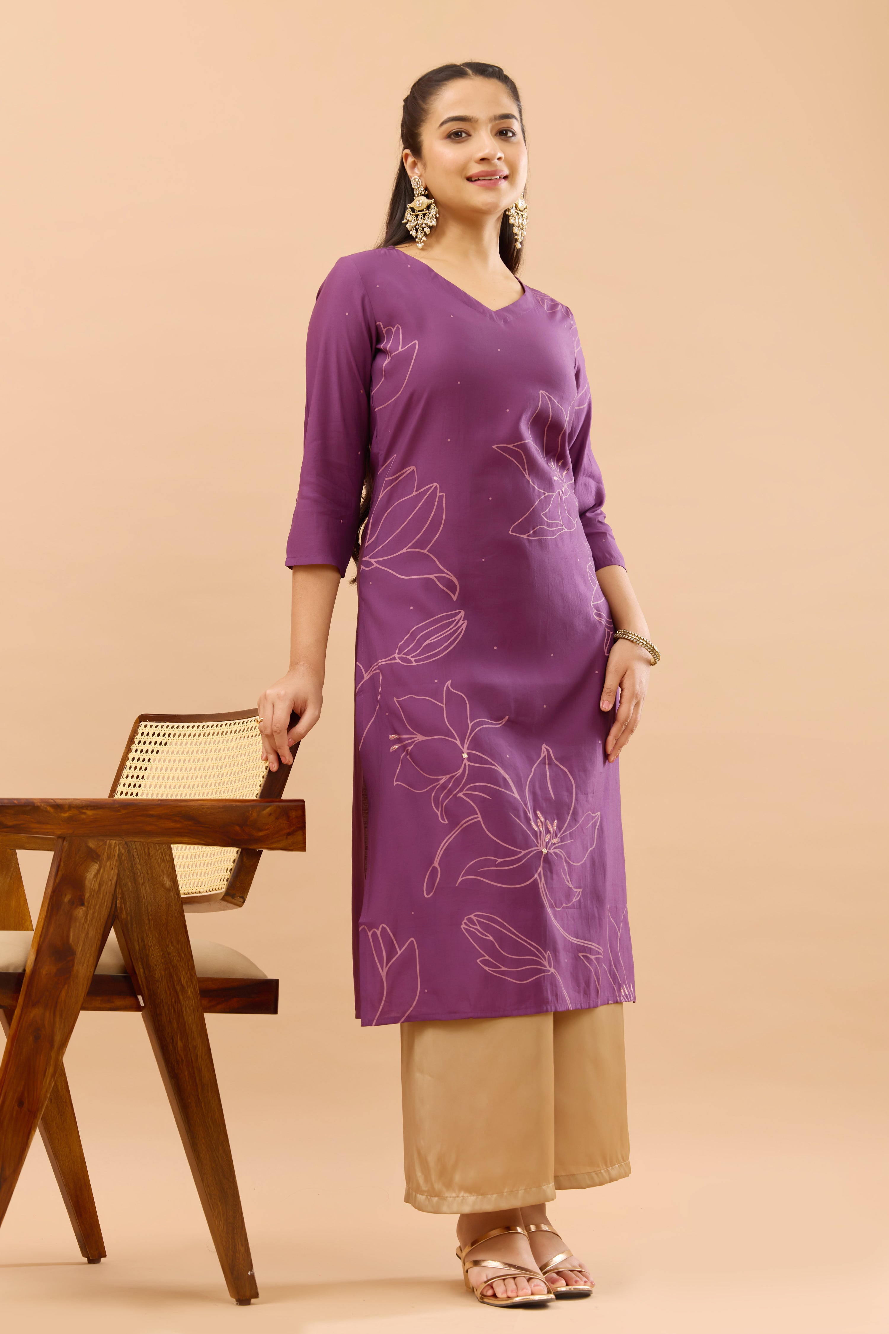 Floral Line Printed Purple Monochrome Kurta
