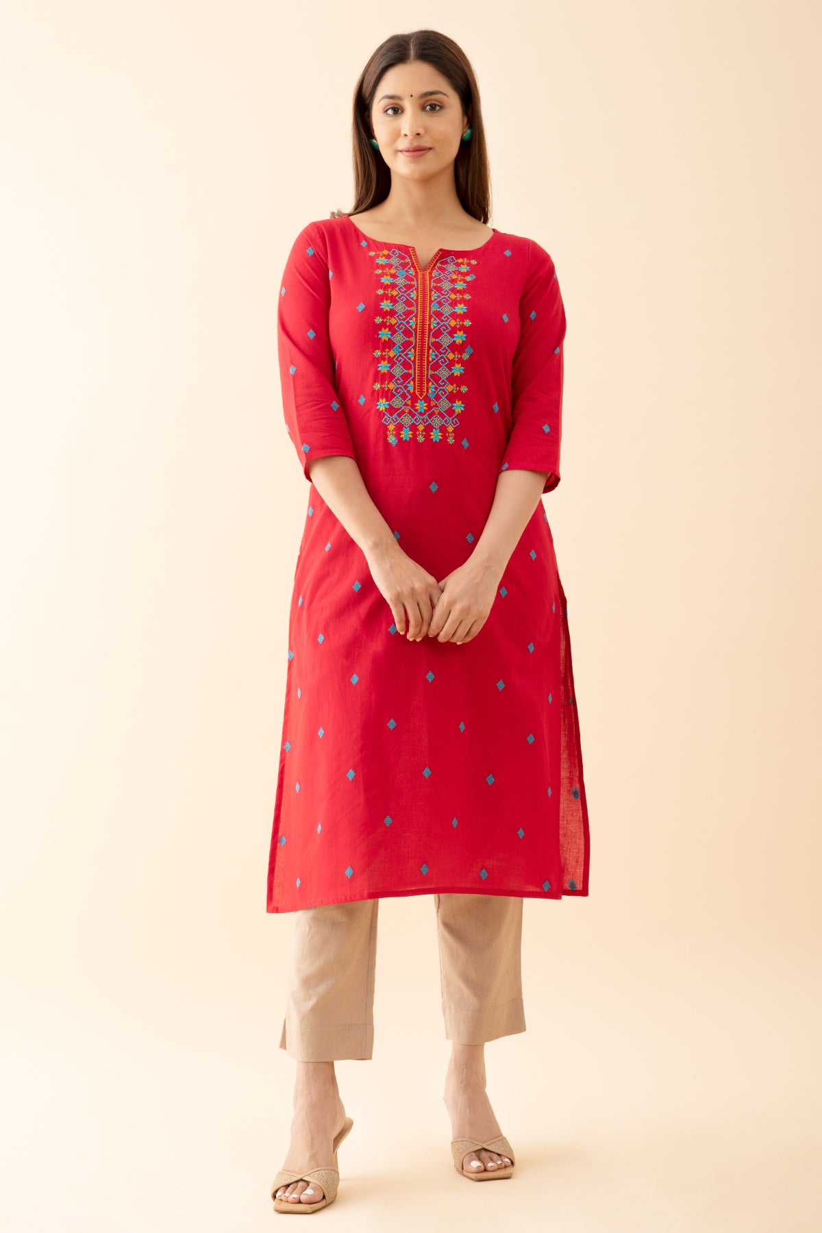 Dobby Weave kurta with Contrast Yoke Embroidery Red