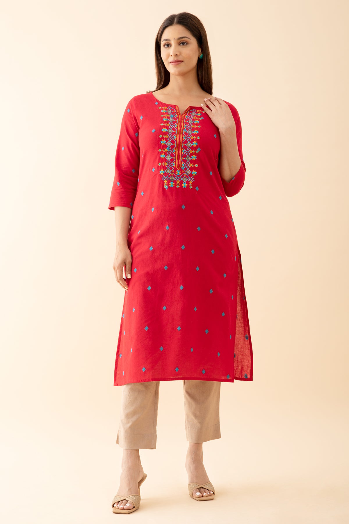 Dobby Weave kurta with Contrast Yoke Embroidery Red