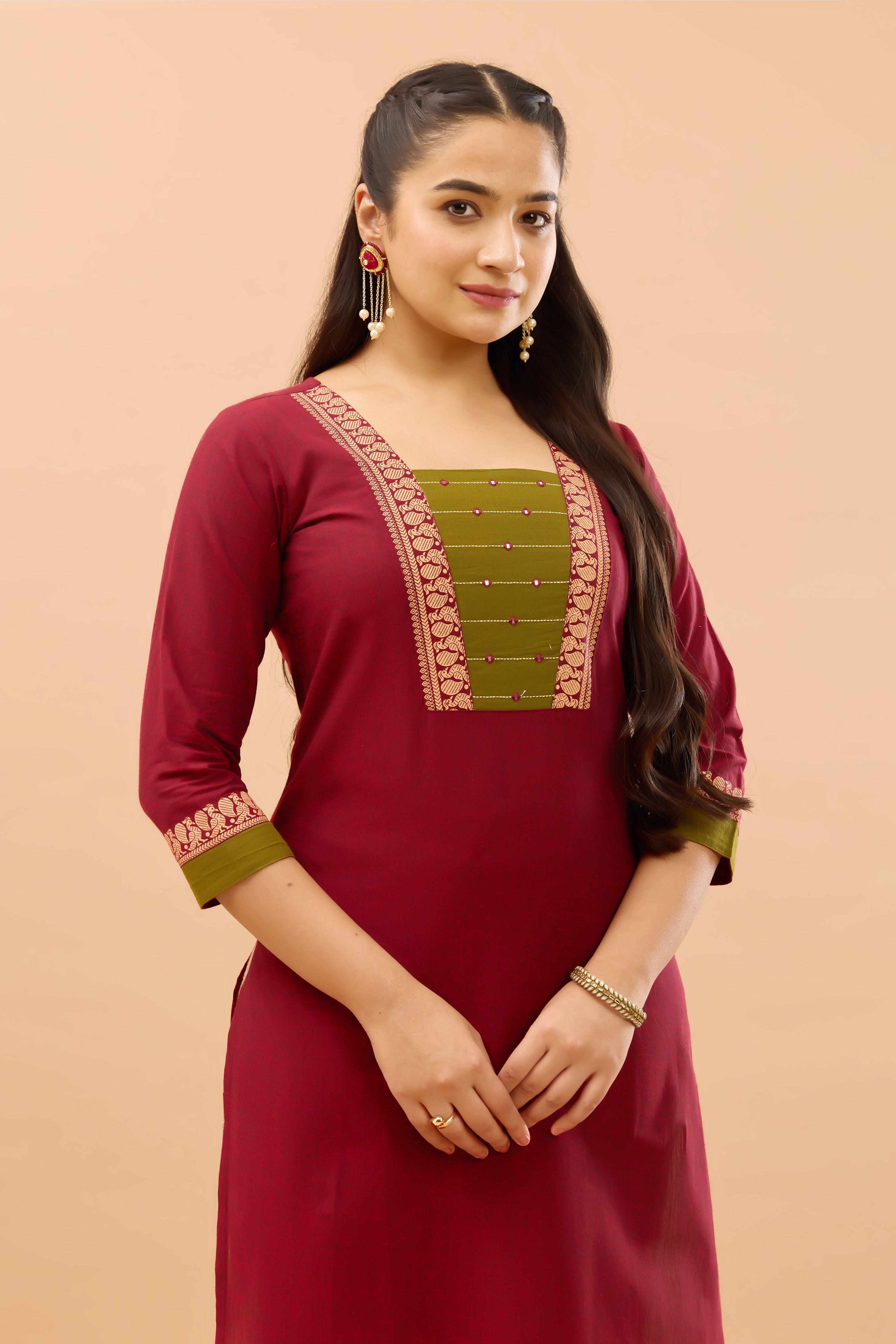 Annam Printed & Embroidered Maroon Cotton Kurta
