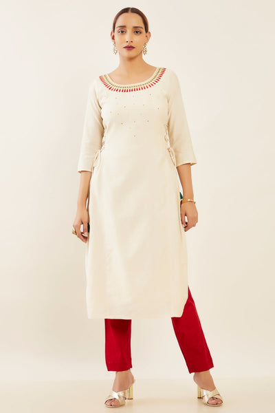 Contrast Butta Motif With Heavy Embellished Neck Embroidered Kurta - Off-White