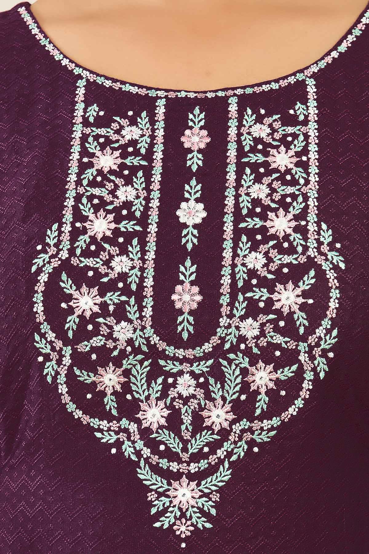 Contrast Floral Embroidery & All Over Chevron Kurta- Purple