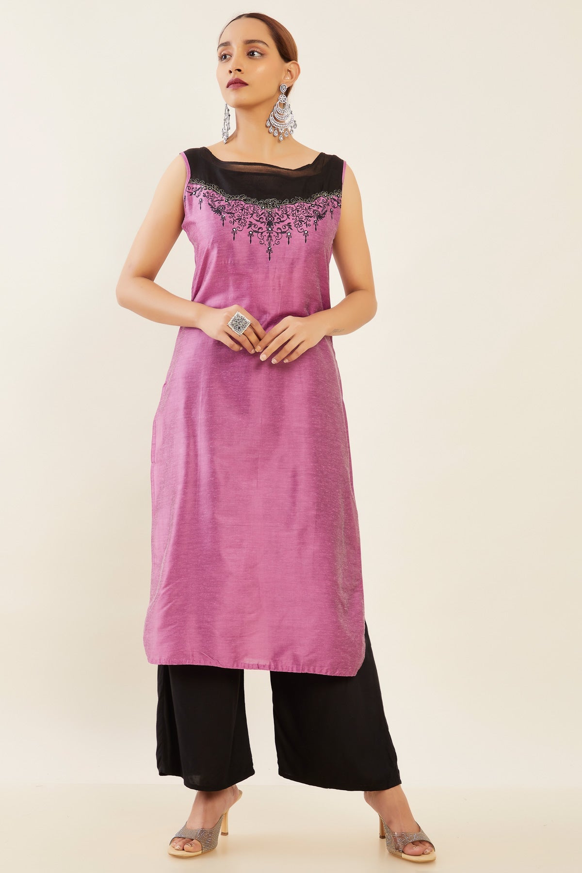 Contrast Double Layered Net with Vintage Floral Embroidered Sleeveless Kurta Purple