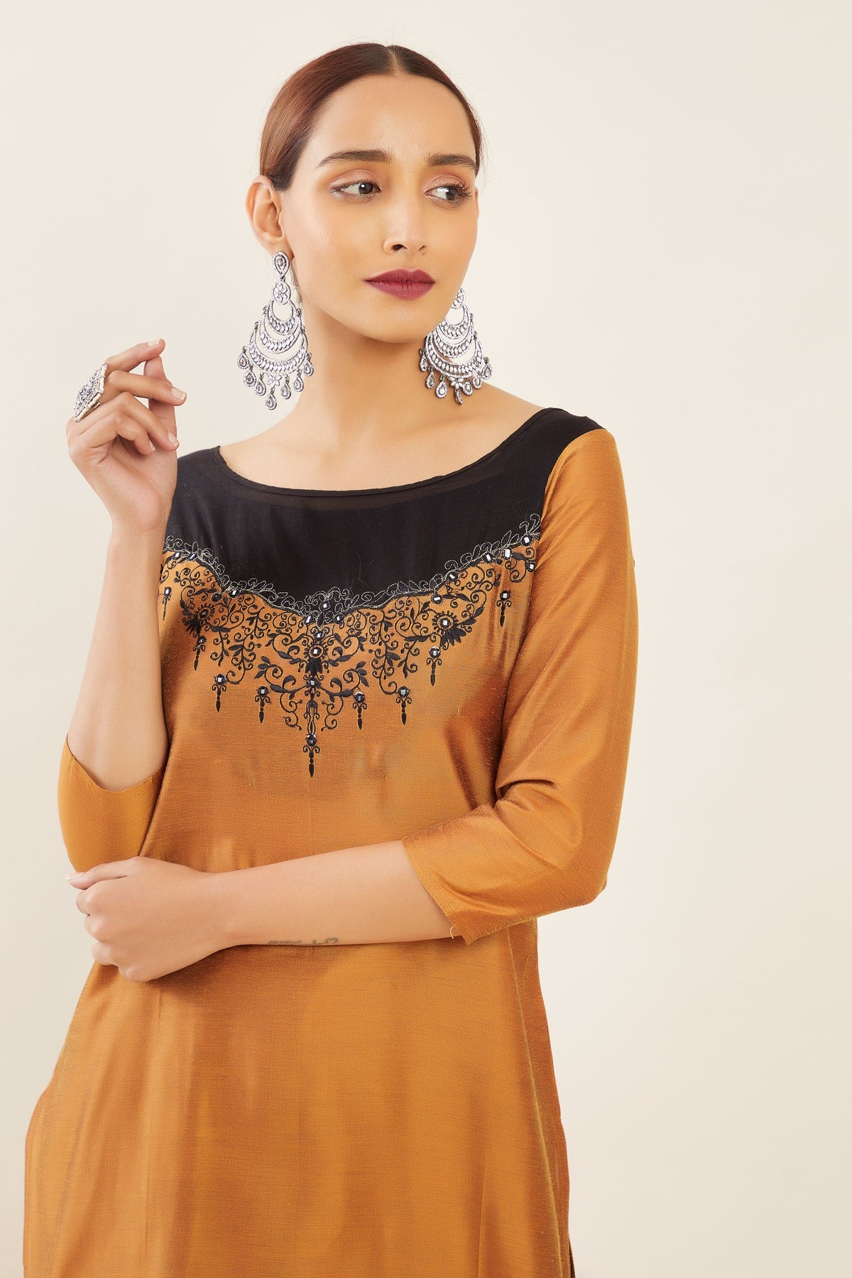 Contrast Double Layered Net with Vintage Floral Embroidered Sleeveless Kurta - Rust Orange