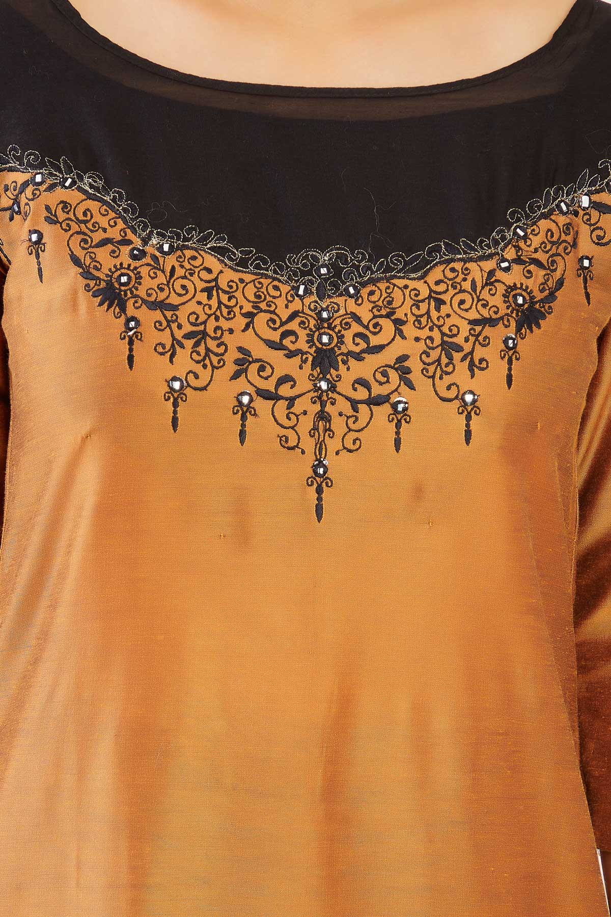 Contrast Double Layered Net with Vintage Floral Embroidered Sleeveless Kurta - Rust Orange