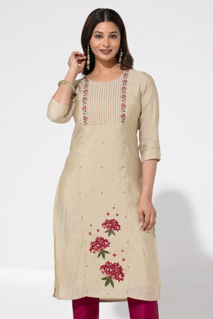 Beige Floral Design Embroidered Kurta in Viscose – Onam Special