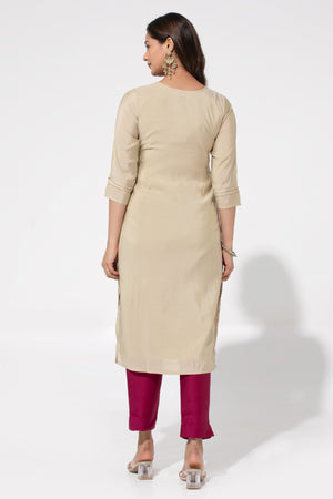 Beige Floral Design Embroidered Kurta in Viscose – Onam Special