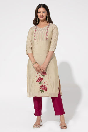 Beige Floral Design Embroidered Kurta in Viscose – Onam Special