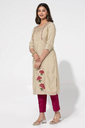 Beige Floral Design Embroidered Kurta in Viscose – Onam Special