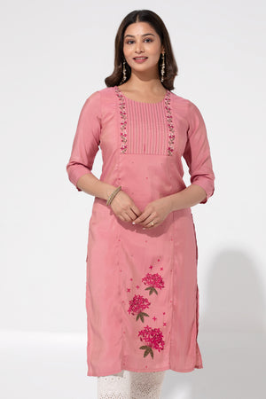 Pink Linen Straight Kurta with Floral Print & Embroidered Yoke