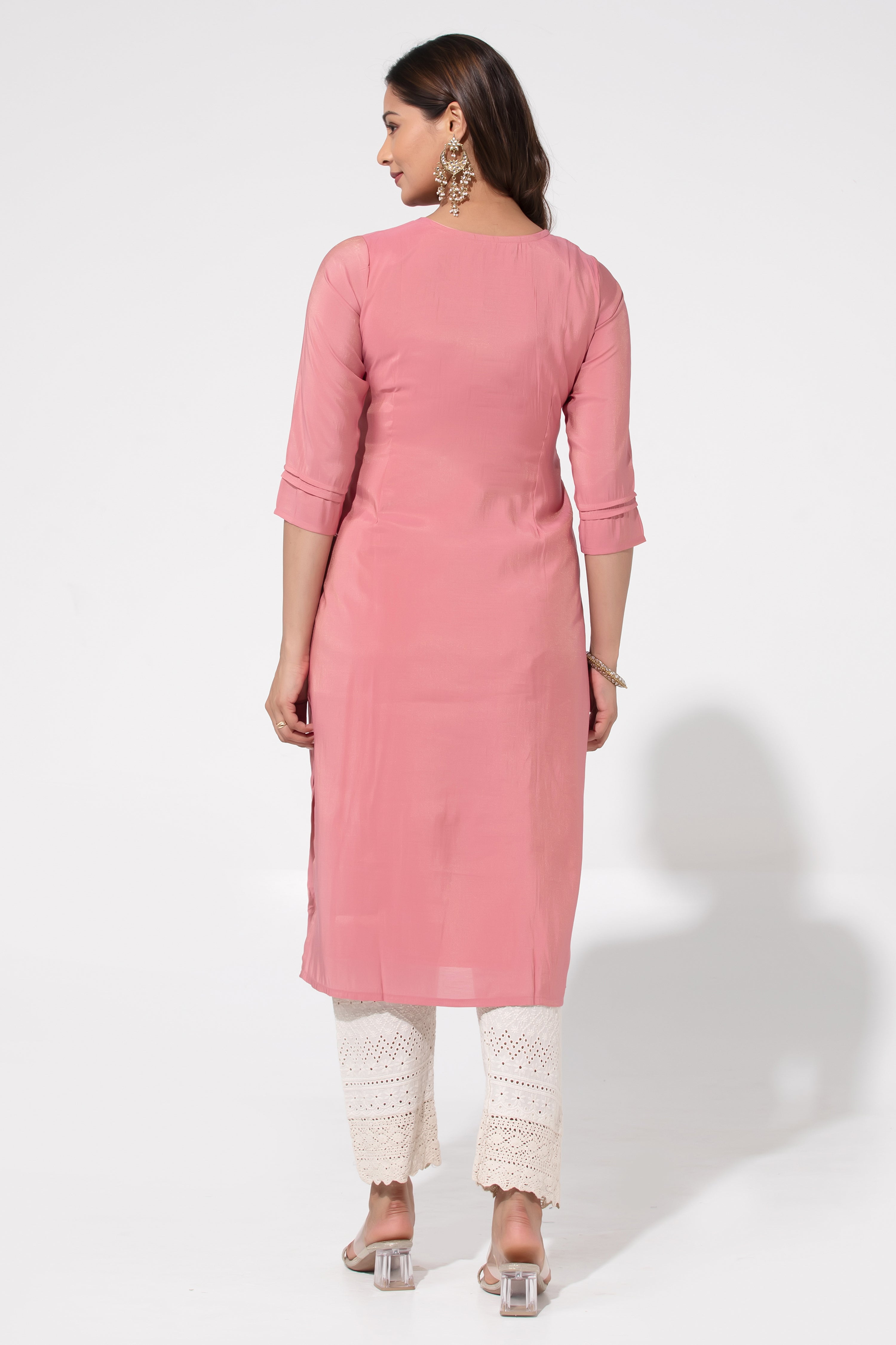 Pink Linen Straight Kurta with Floral Print & Embroidered Yoke