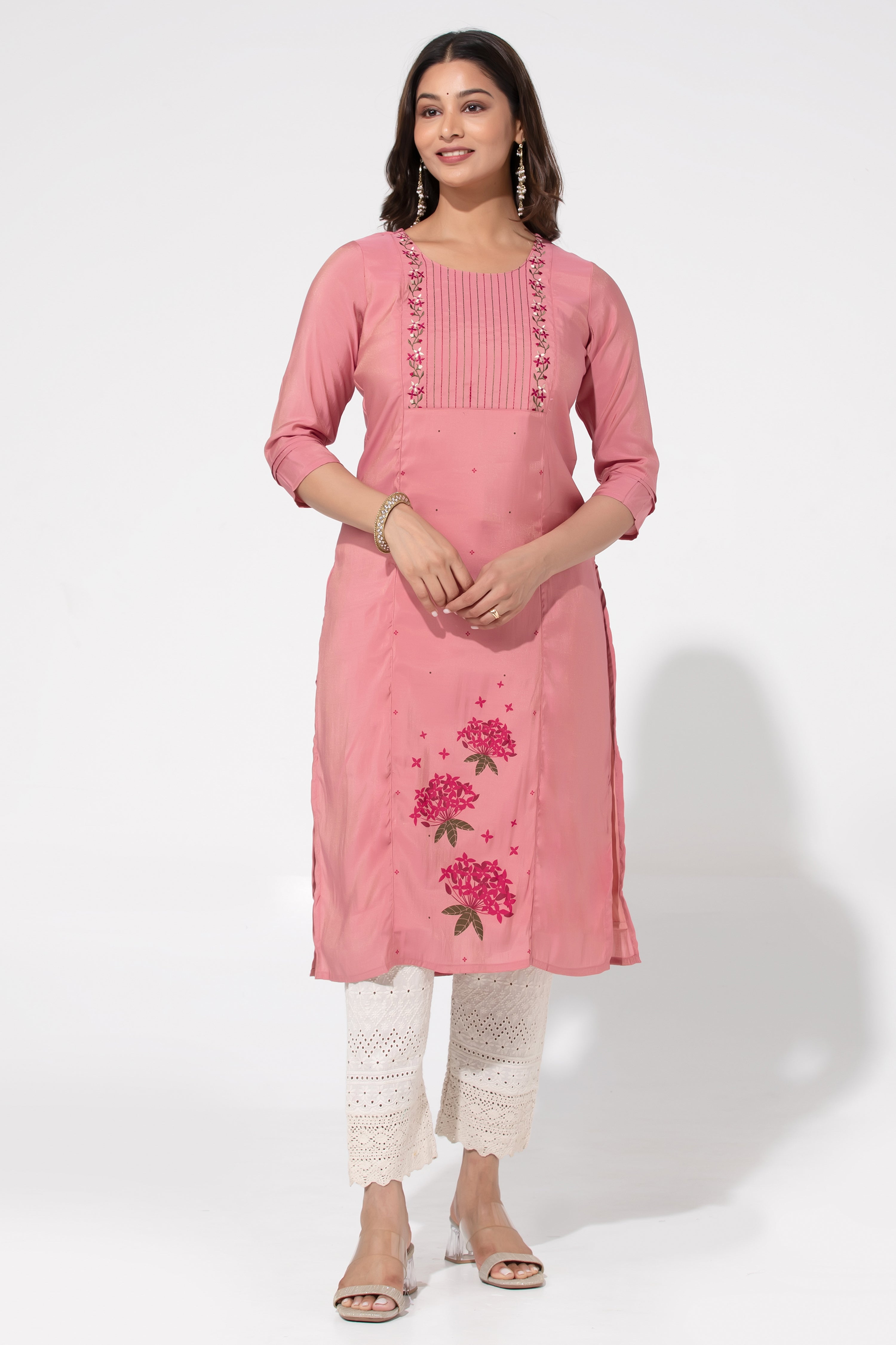 Pink Linen Straight Kurta with Floral Print & Embroidered Yoke