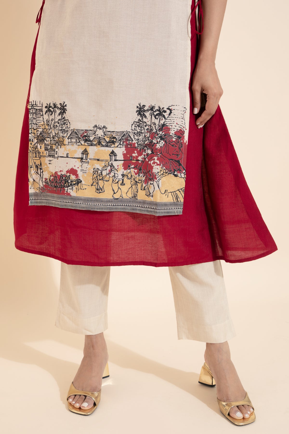 Kathakali Printed Layered Kurta with Side Tie-up - Off-white & Red