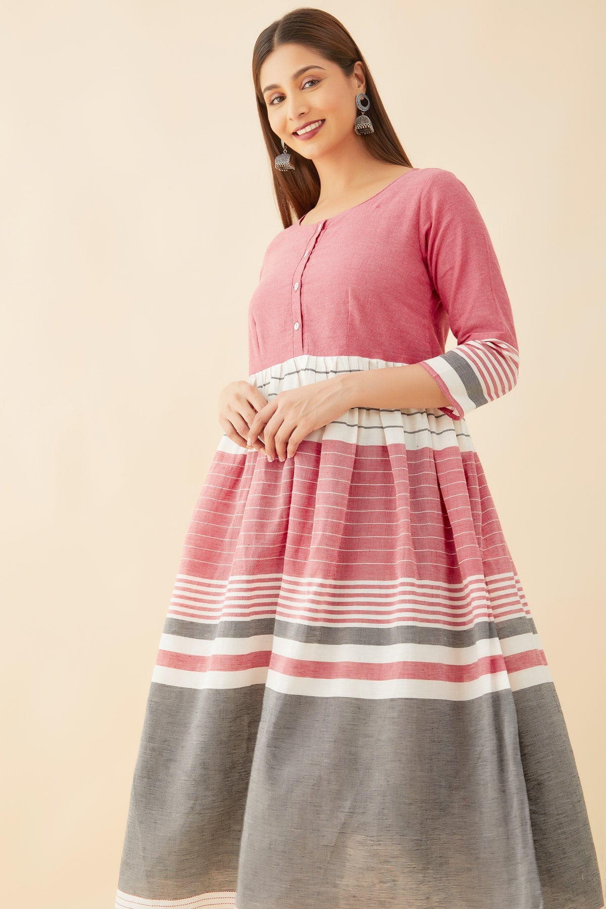 Striped Printed Kurta Pink