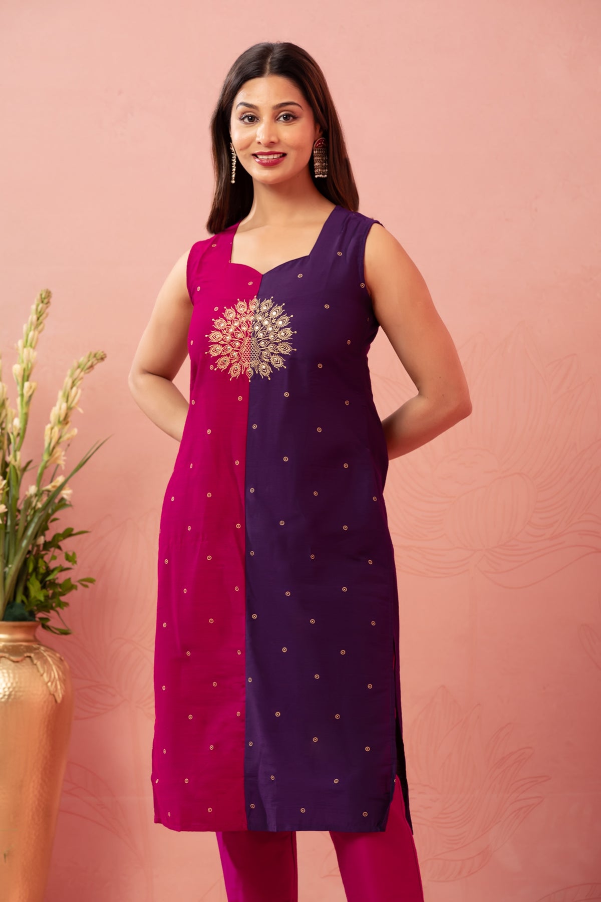 Purple Raw Silk Peacock Embroidered Kurta