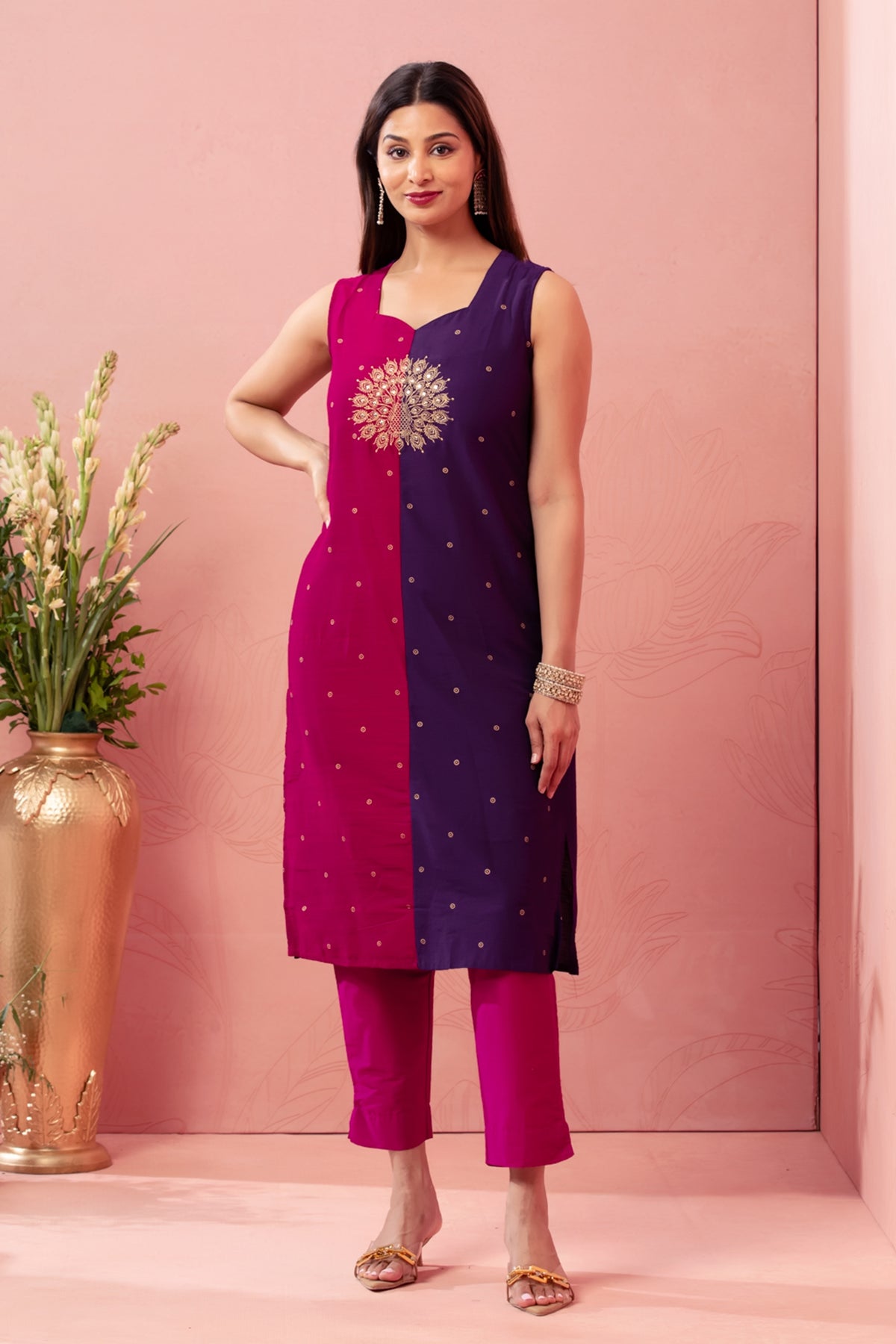 Purple Raw Silk Peacock Embroidered Kurta