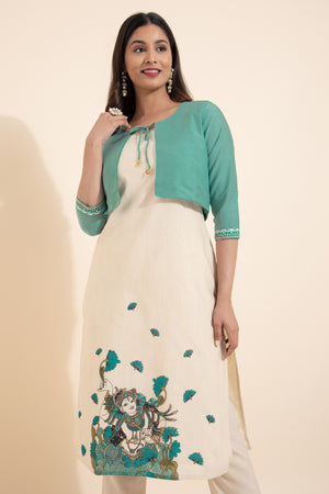 Mural Printed Kurta with Overcoat in Green for Women - Perfect for Festive Wear.