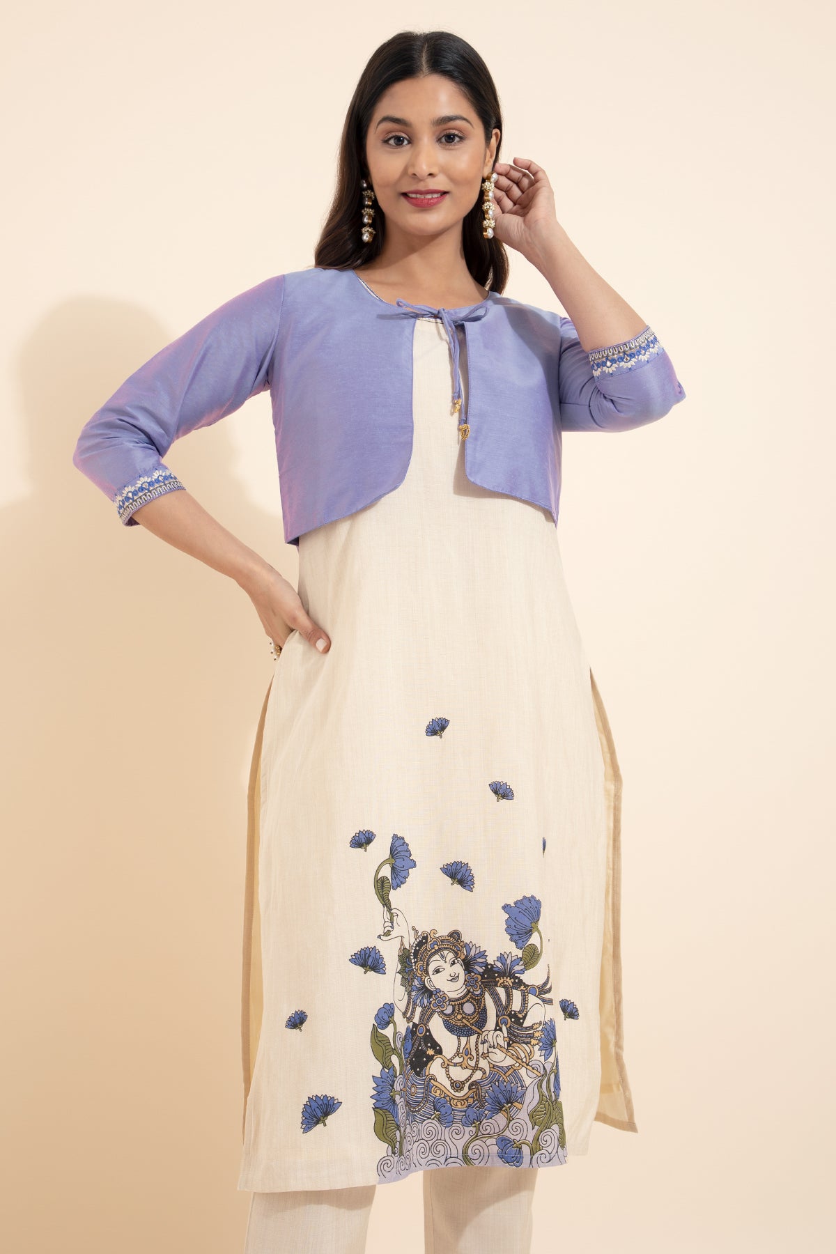 Mural Printed Kurta with Overcoat - lavender