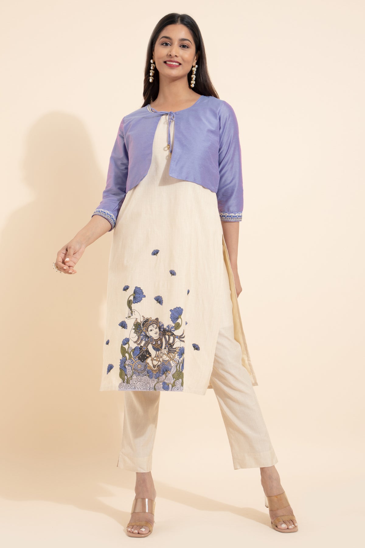 Mural Printed Kurta with Overcoat - lavender