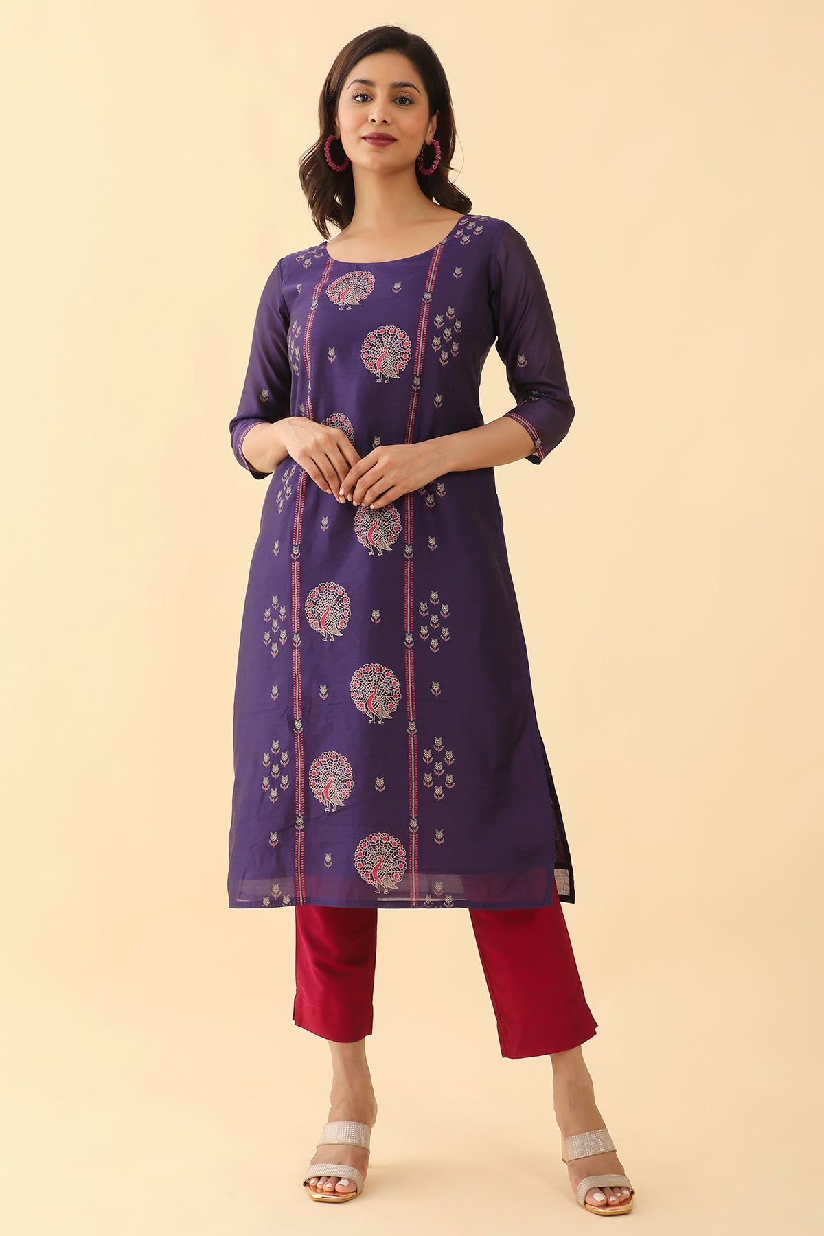 Peacock Motif Printed Kurta Violet