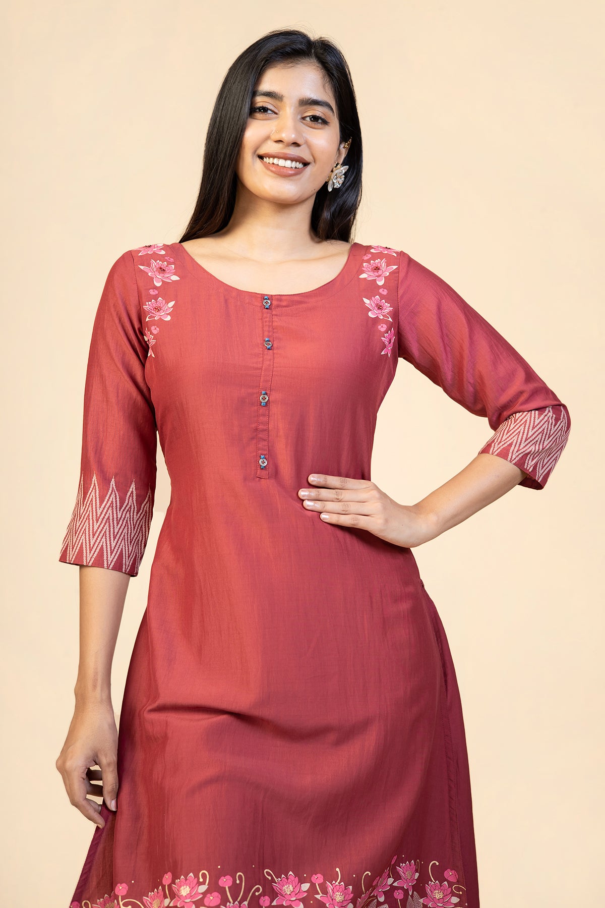 Contrast Floral Motif Printed Kurta Red