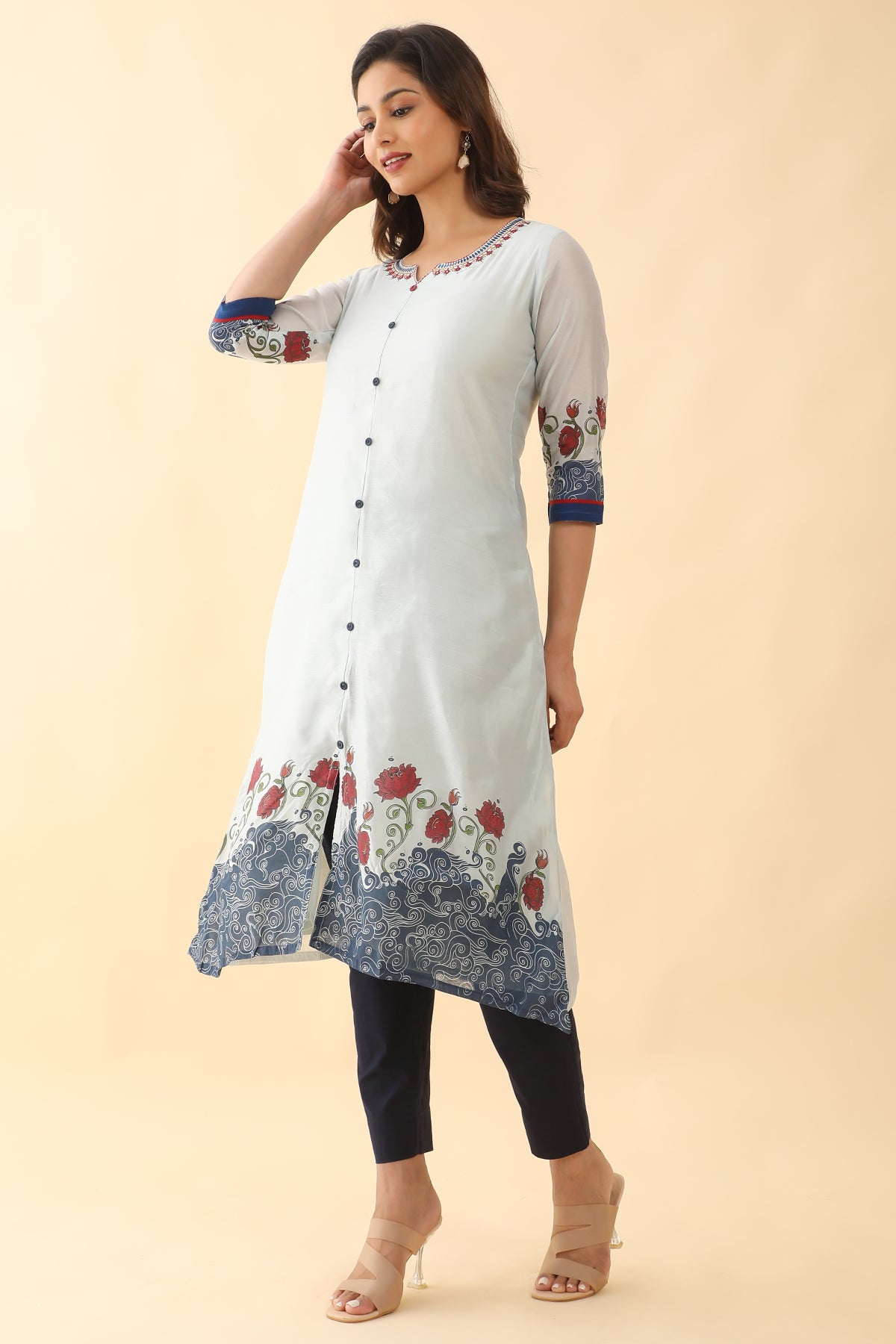 Contrast Floral Printed With Neck Embroidered Kurta Blue