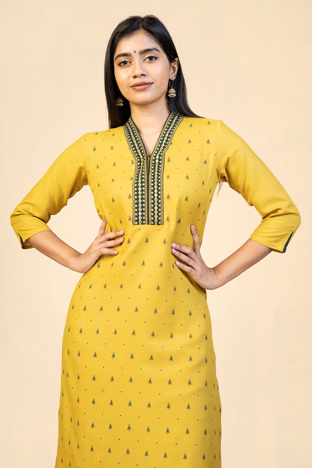 Geometric Motif Embroidered With All Over Butta Printed Kurta Yellow