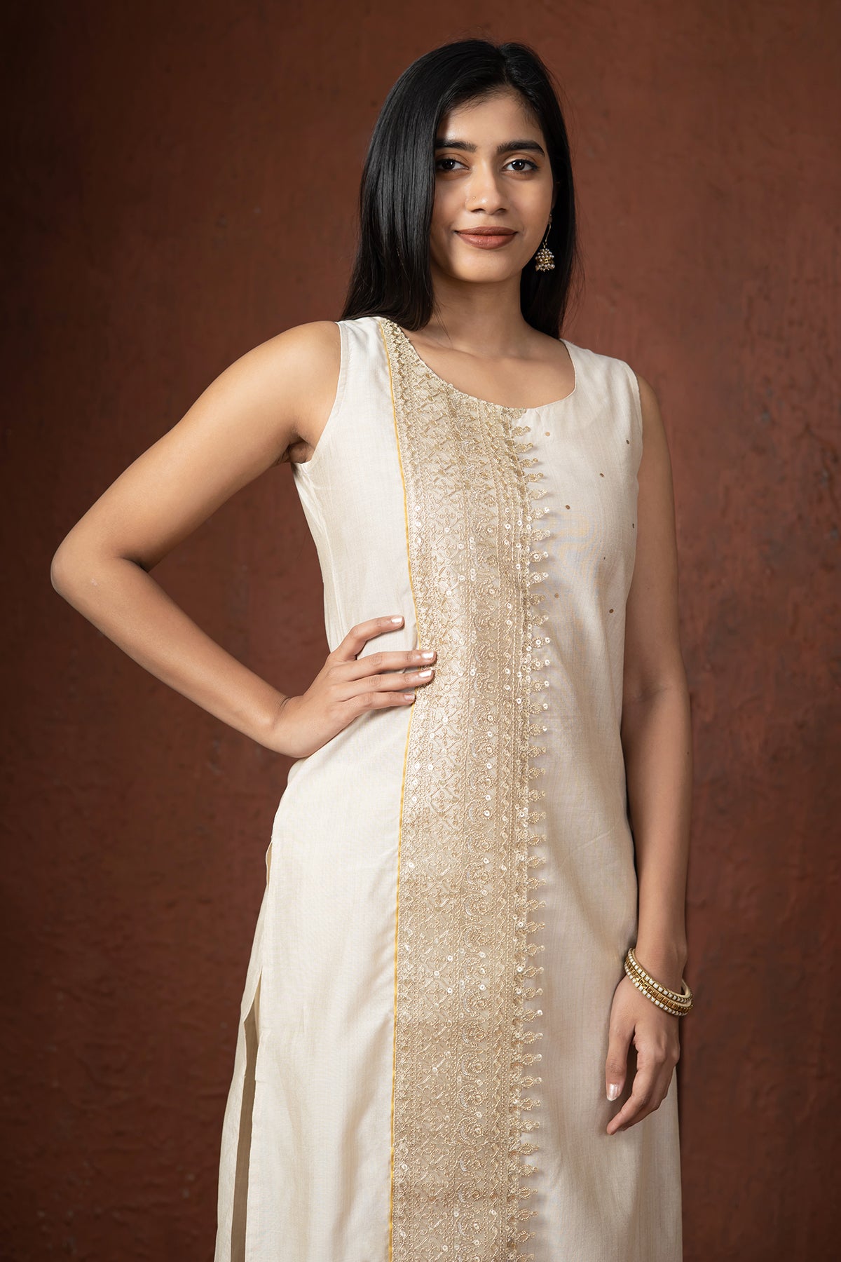 Sequence Embellished Placement Kurta Off White