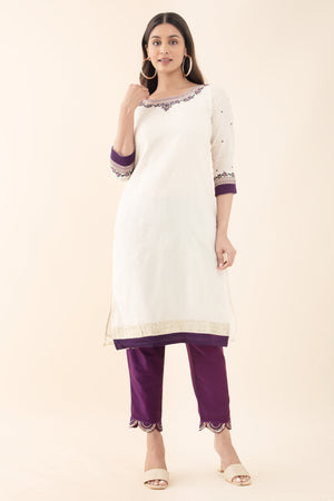 Floral Embroidered Kurta - Off-White & Purple