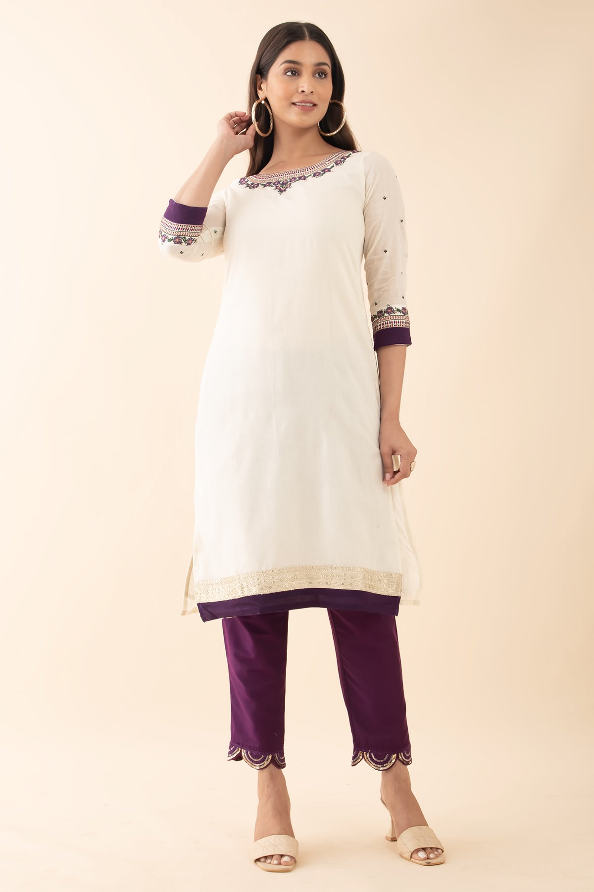 Floral Embroidered Kurta - Off-White & Purple