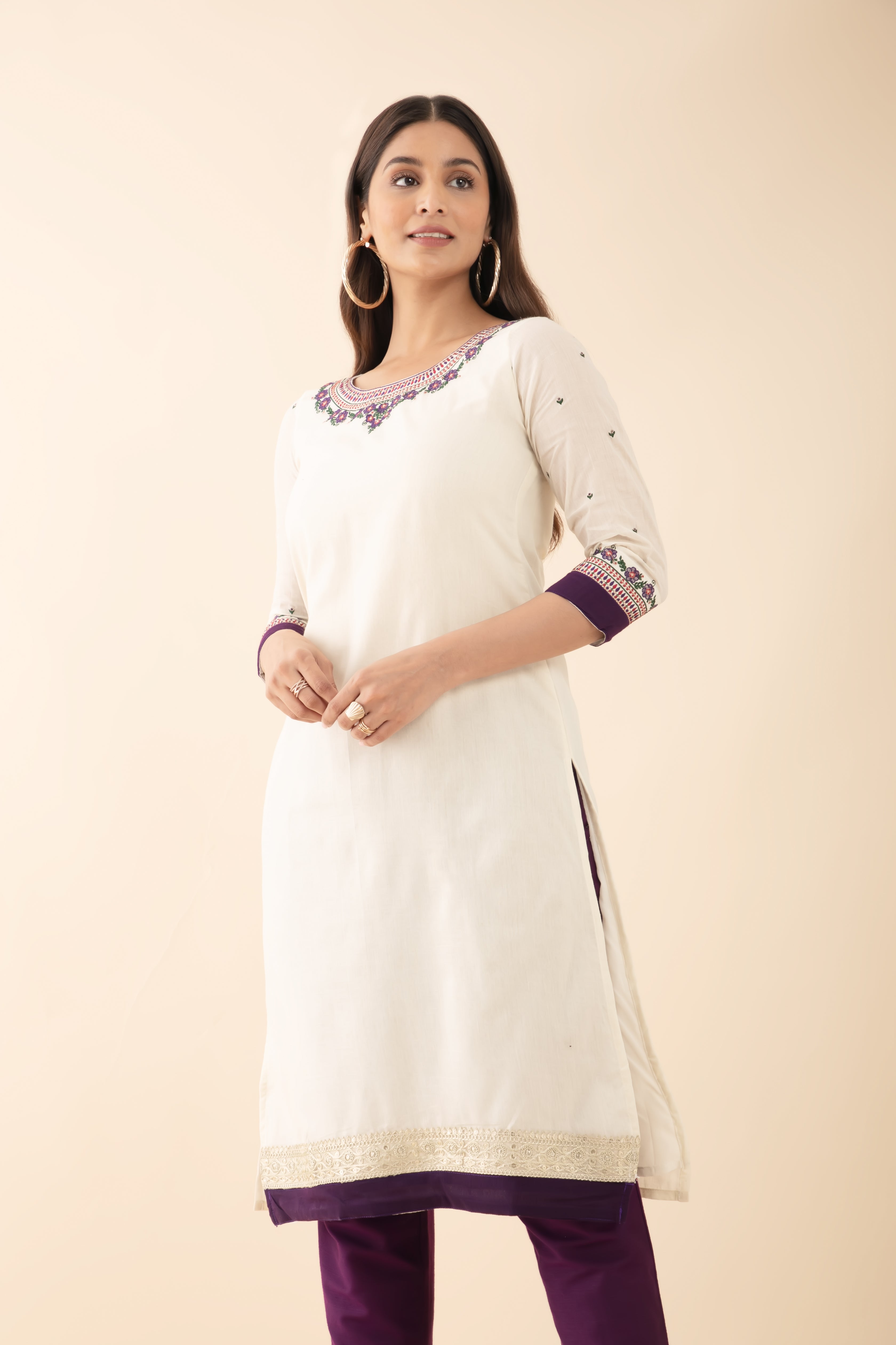 Floral Embroidered Kurta - Off-White & Purple