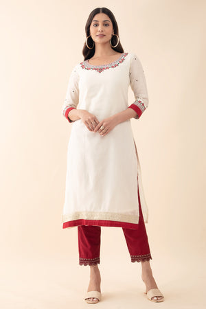 Floral Embroidered Kurta - Off-White & Red