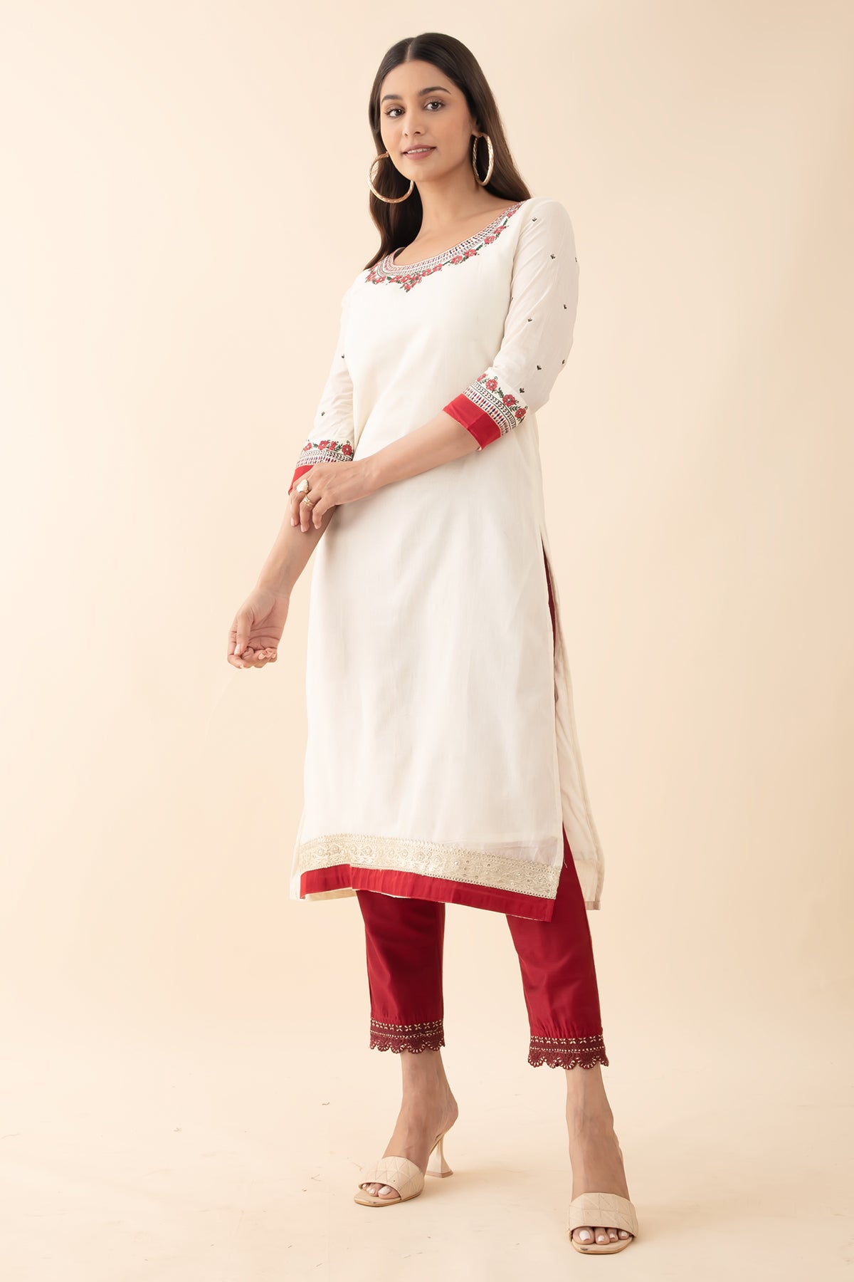 Floral Embroidered Kurta - Off-White & Red